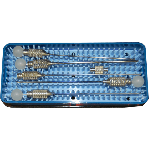 A blue tray with several surgical instruments in it.
