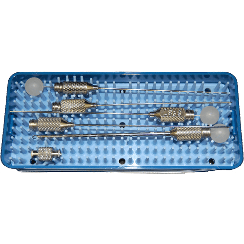 A blue tray with several surgical instruments in it.