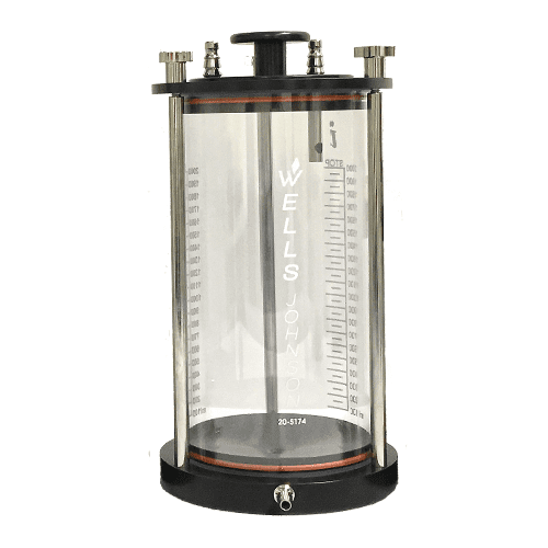 A large glass container with a black base.