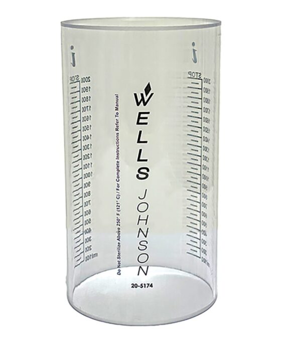 A clear measuring cup with the words " wells johnson ".