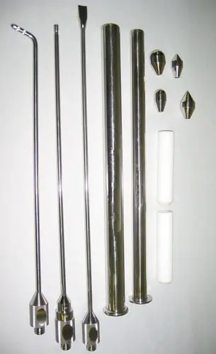 A set of six metal rods and some metal tips.