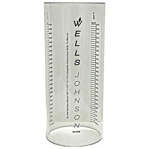 A clear measuring cup with the words wells johnson on it.