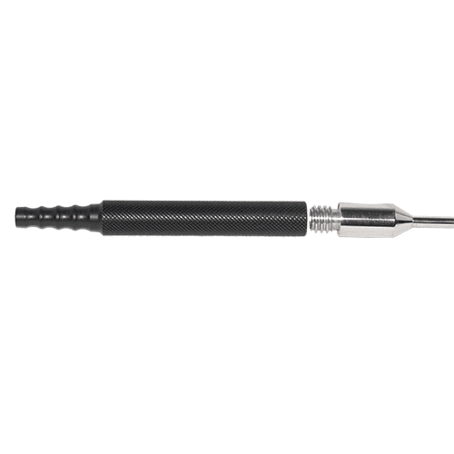 A black and silver pen with a metal tip.