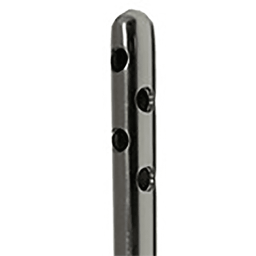 A black metal pole with four holes on it.