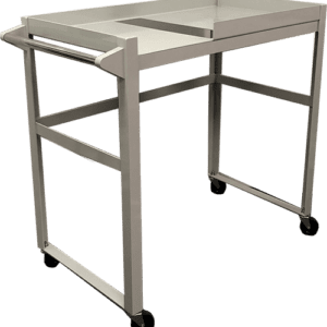 A table with wheels and two trays on top.