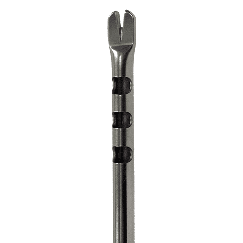 A close up of a fork with two rows of black plastic