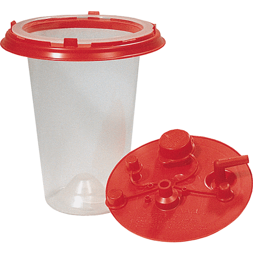 A plastic cup with lid and base.