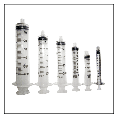 A group of six syringes with different sizes.