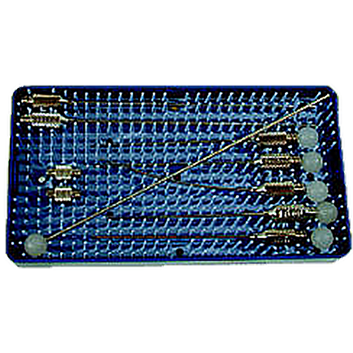 A tray with many different types of surgical instruments.