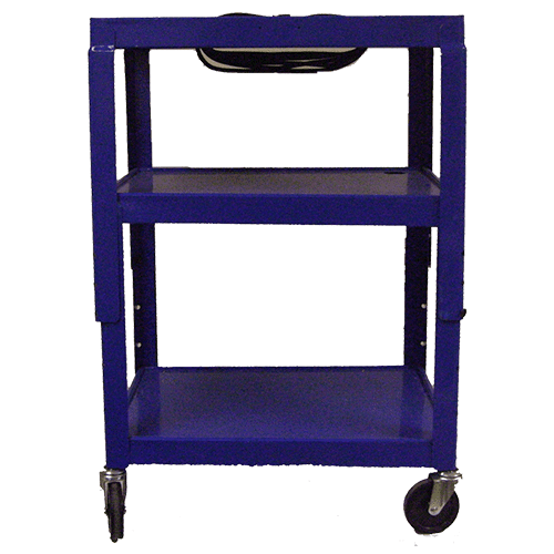 A blue cart with wheels and two shelves.