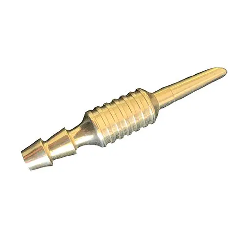 A gold colored metal tool with a white background