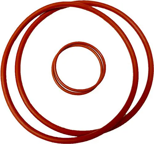 A red rubber ring is shown with two other rings.