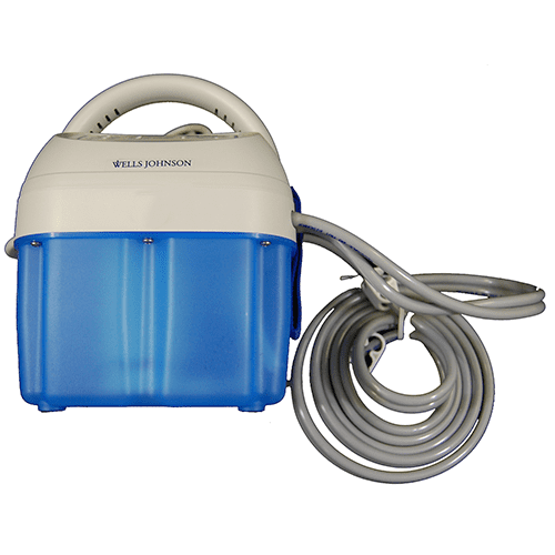 A blue and white vacuum cleaner with a hose attached.