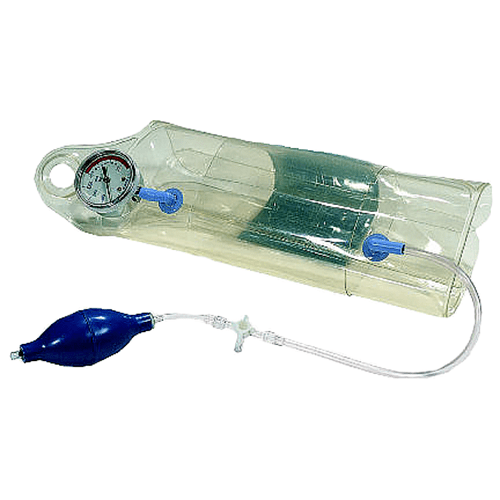 A clear tube with a blue pump and a thermometer.