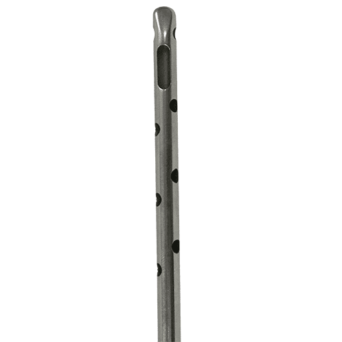 A metal pole with holes on it.