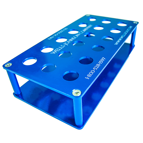 A blue metal stand with holes for 1 6 tubes.