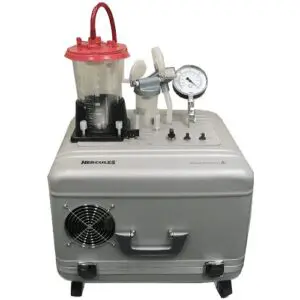 Portable medical suction unit with carrying case.