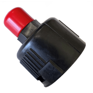 Black plastic cap with a red top.