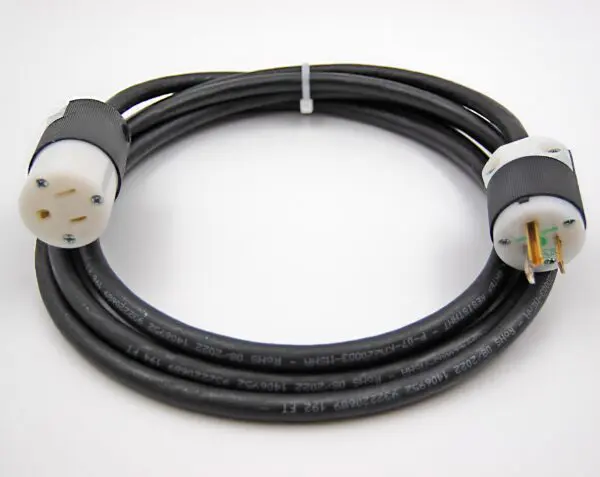 Black extension cord with three-prong plug.