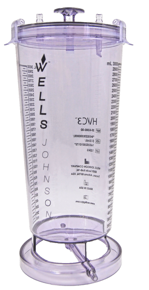 Transparent medical container with measurement markings.