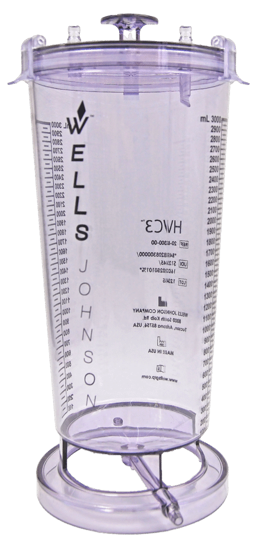 Transparent medical container with measurement markings.