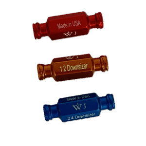 Red and blue metal downsizers, black background.